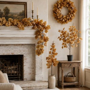 Old Maple Leaves 6ft each Viral Fall Garland for Mantle Brown Maple Leaf Stem Farmhouse Decor Garland Fig Spray Aged Dried Look Set of 2 image 8