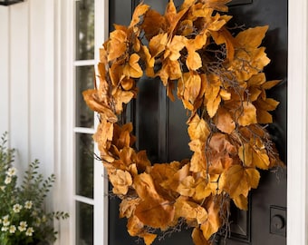 Old Maple Leaves 28" Fall Viral Wreath Large Autumn Brown Aged Dried Maple Leaf Stem Farmhouse Decor Wall Decor Large Wreath Fig Spray