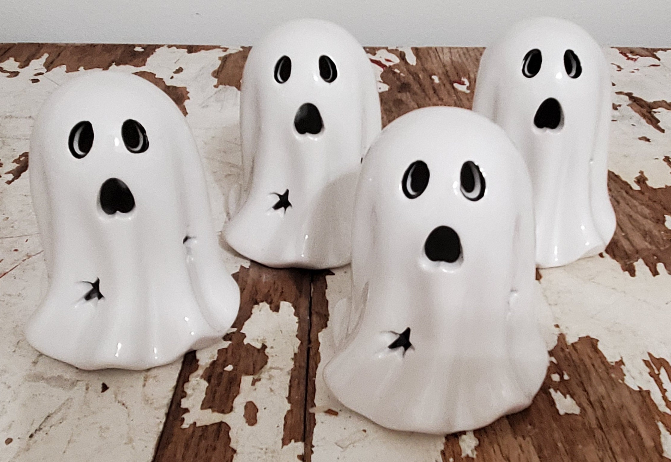 Halloween Lighted Cermaic White Ghost Set of 4 Statue Figurine