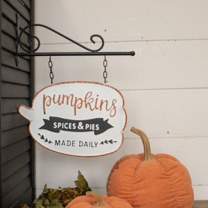 Fall &quot;Pumpkins&quot; Metal Bracket Hanging Sign Black and White Wall Decor Halloween Signs