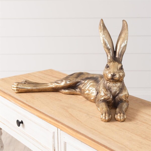 Spring Gold Laying Hare Rabbit Bunny Decor Resin Tabletop Decorating Easter Golden Bunny
