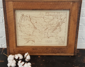 Handmade Barnwood United States Map Burnt Map Vintage Style Blueprint Tea Stained Framed
