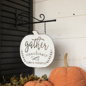 Fall &quot;Gather&quot; Metal Bracket Hanging Sign Gray and White Wall Decor Thanksgiving Signs