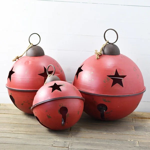 Oversized Jingle Bell Country Chic Stars And Rope Hanger Red Color Giant