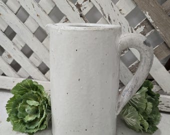 White Spring Clay Pottery Pitcher Vessel Distressed Farmhouse Decor Wedding Floral Pitcher Kitchen Decor