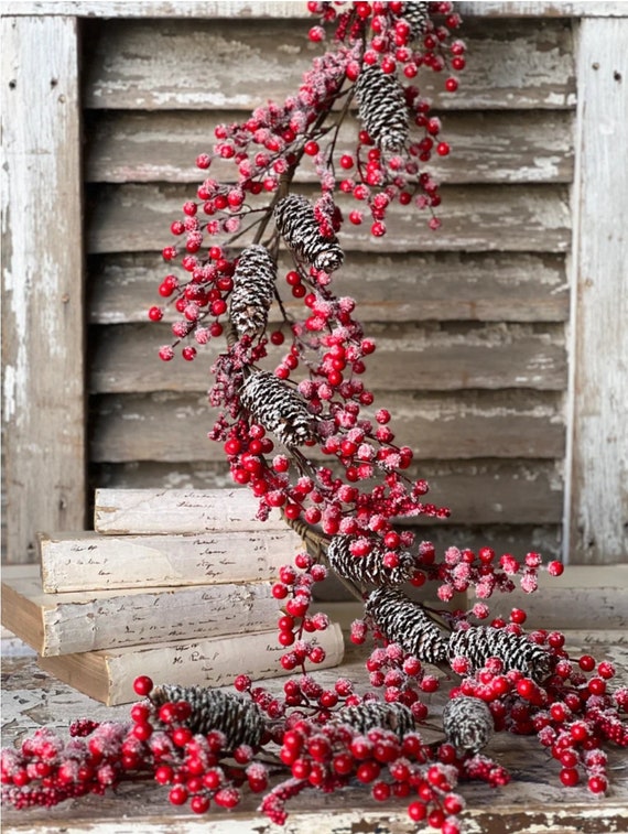 Snowy Artificial Pine Cone Garland with Red Berries Christmas Decor