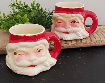 Vintage Santa Mugs Set of 2 Green Jewel Eye Red White Christmas Mugs Holiday Santa Head Santa Claus Coffee Hot Coco