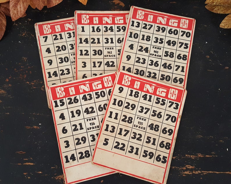 Antique Bingo Cards Lot of 5 RedWhite Vintage Cards Decor