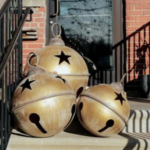 Jumbo Extra Large Gold Metal SET OF 3 Large Jingle Bell Christmas Decorating Metal Bell Giant Sleigh Bell Farmhouse Outdoor Porch Bell