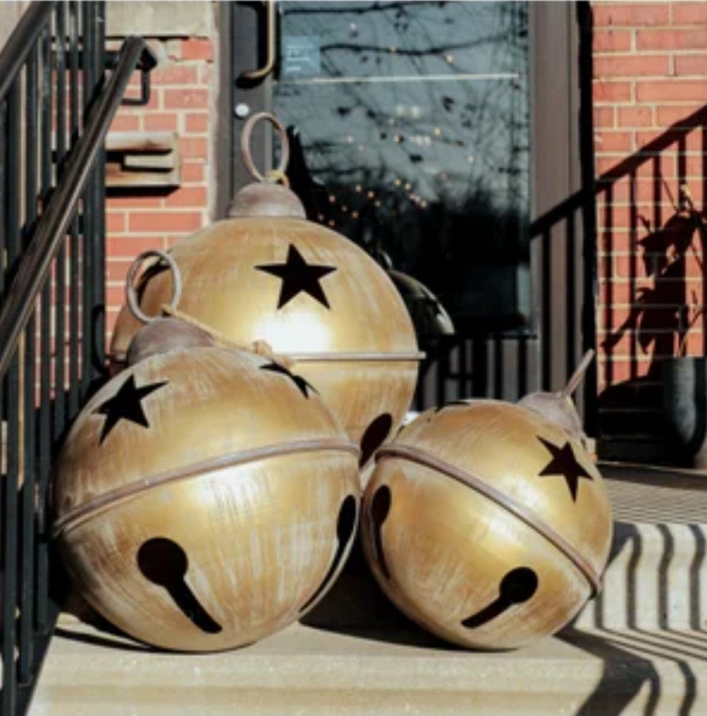 Jumbo Extra Large Gold Metal SET OF 3 Large Jingle Bell Christmas  Decorating Metal Bell Giant Sleigh Bell Farmhouse Outdoor Porch Bell