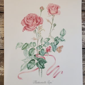 Vintage "Madeuoiselle Rose" Lithograph  Roses Paper Pink Antique Flower Print Frames Botanical