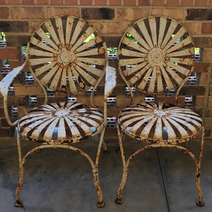 Antique Original Francois Carre Sunburst Garden Chairs Set of 2 White Iron Aged Arm Chair Seating Yard Farmhouse Decor Vintage Patio Porch