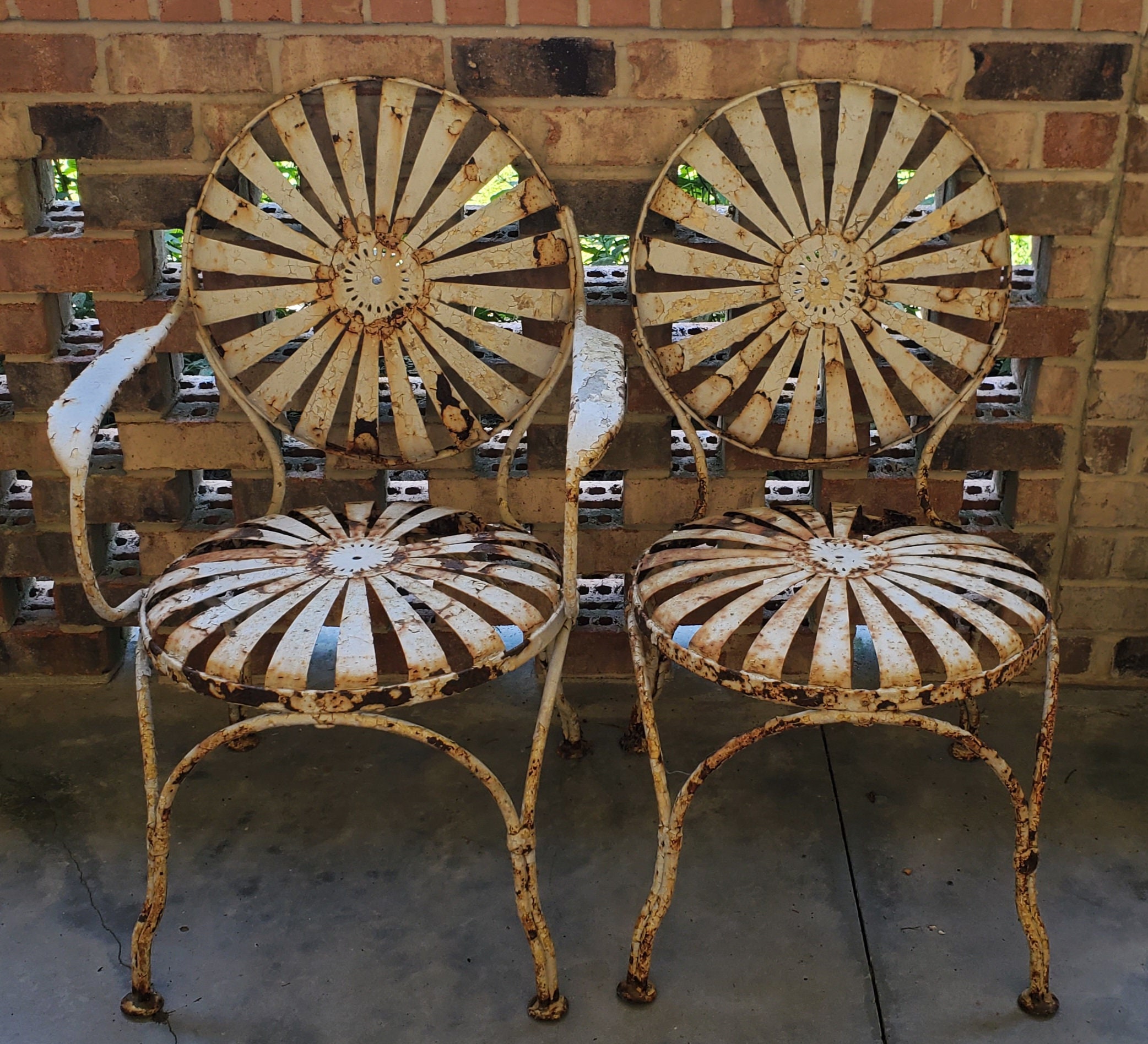 Antique Original Francois Carre Sunburst Garden Chairs Set of 2