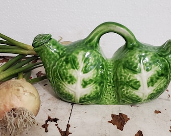 Vintage Green Cabbage Oil and Vinegar Dish Cermaic with Handle Green CabbagewareLeaf Dishes Farmhouse Easter Spring Style Decor
