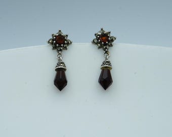 Preowned Sterling Silver Marcasite Floral Dangle Earrings with Burgundy Color Crystal