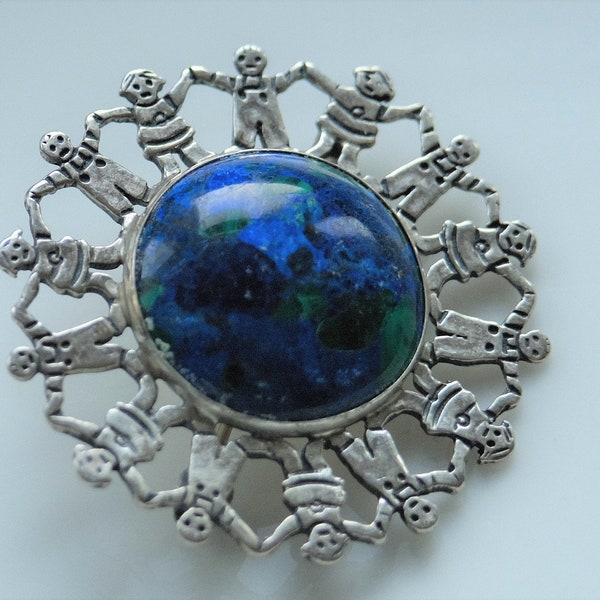 Preowned Sterling Silver Azurite Malachite Children of the World Pin by Great Falls Metal Works