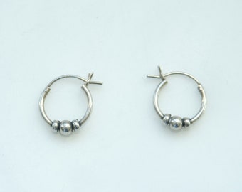 Preowned Sterling Silver Small Balinese Beaded Hoop Earrings