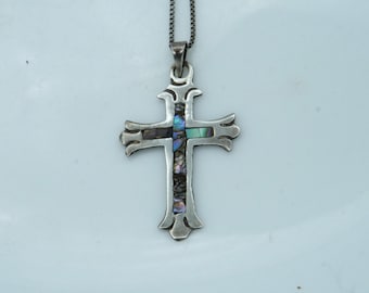 Vintage Sterling Silver Abalone Cross Pendant on 16 inch Chain