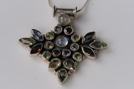 Vintage Sterling Silver Multi-Stone Pendant with … - image 1