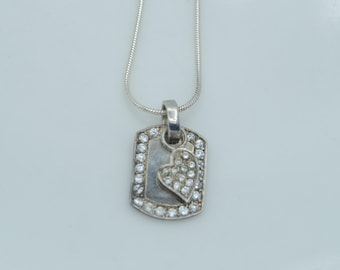 Preowned Sterling Silver Clear Crystal Accented Tag with Heart Pendant on 18 inch Snake Chain