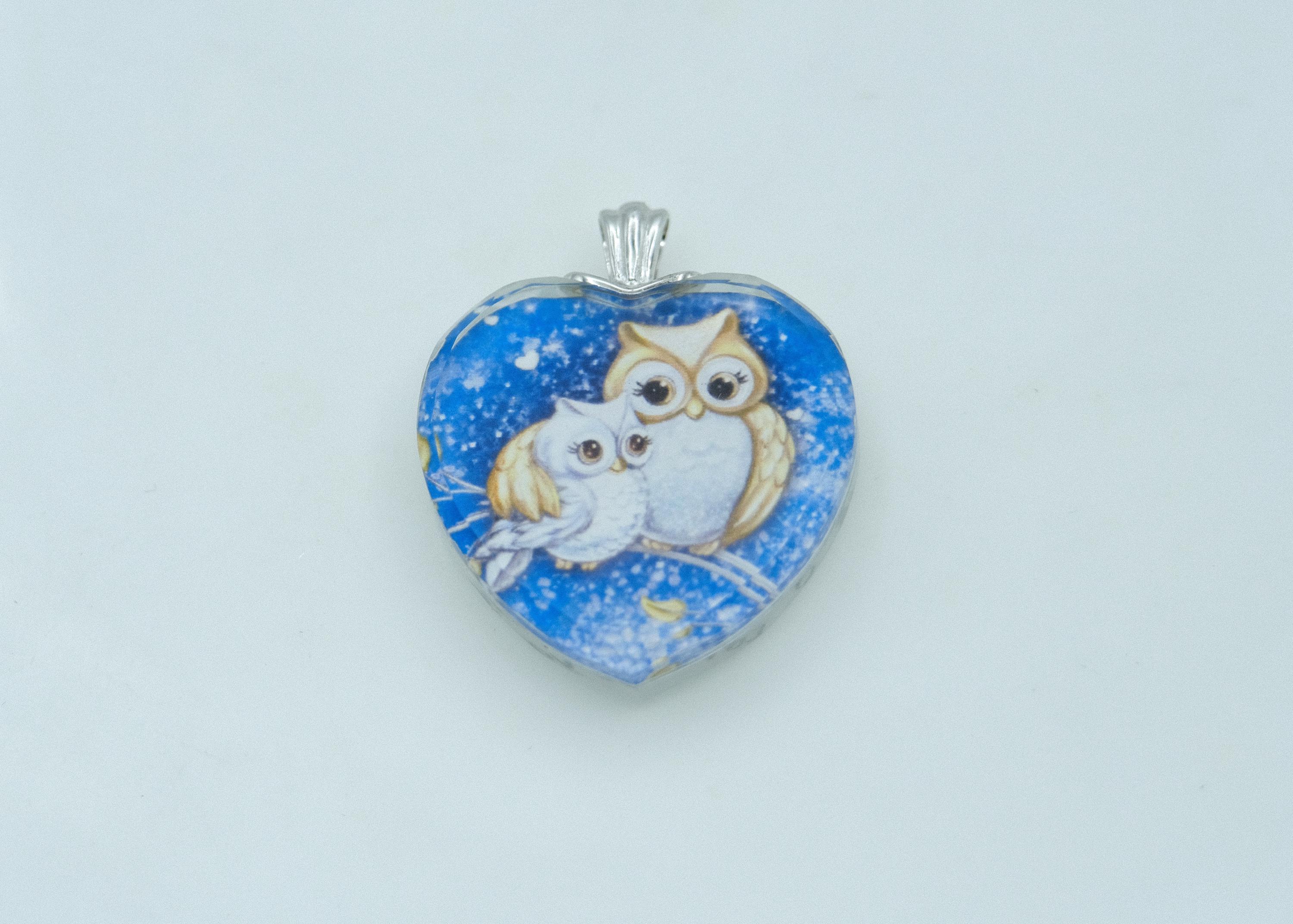 Preowned Sterling Silver and Acrylic Owl Heart Pendant - by Bradford Exchange
