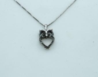 Preowned Sterling Silver Blue Black Diamond Accented Owl Pendant on 18 inch Chain