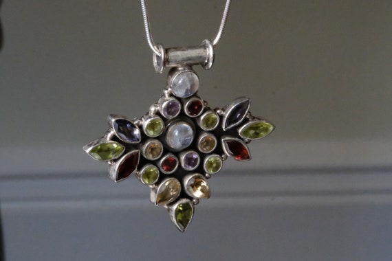 Vintage Sterling Silver Multi-Stone Pendant with … - image 4