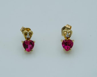 Preowned 10K Yellow Gold Diamond Accented Heart Ruby Stud Earrings