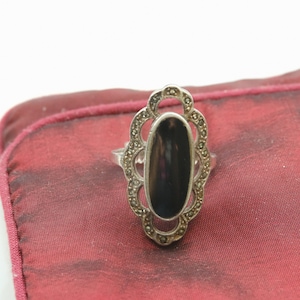 Preowned Sterling Silver Onyx and Marcasite Ring Sizse 8