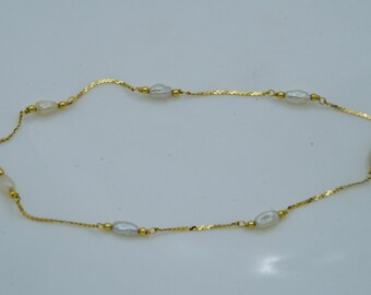 Preowned 14K Yellow Gold Rice Pearl Station Necklace