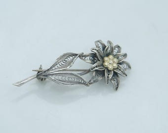 Spun Silver Filigree Rose Flower Brooch, 925 Sterling, Signed FAS