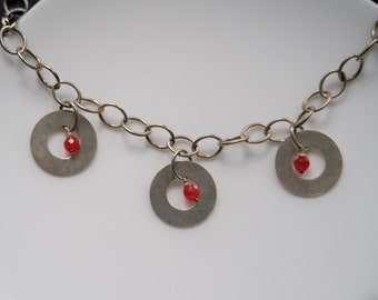 Preowned Sterling Silver Oval Link Necklace with Circles and Red Glass Beads