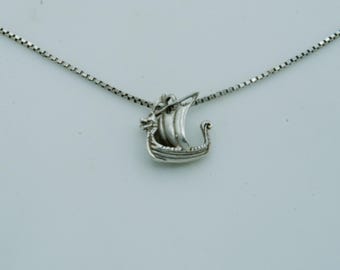 Vintage Sterling Silver Viking Dragon Boat Pendant on 20 inch Box Chain