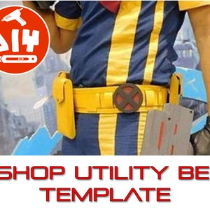 Könnte beinhalten: Eine DIY-Nutzgürtel-Vorlage für Cosplay. Der Gürtel ist gelb mit einer schwarzen X-förmigen Schnalle. Die Vorlage enthält ein Holster, Taschen und anderes Zubehör.