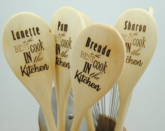 Custom Best Cook in the Kitchen Wooden Spoon, Great Gift for Christmas, Birthday, Mother&#39;s Day, Teachers, Lunch Lady Set of 3 or More