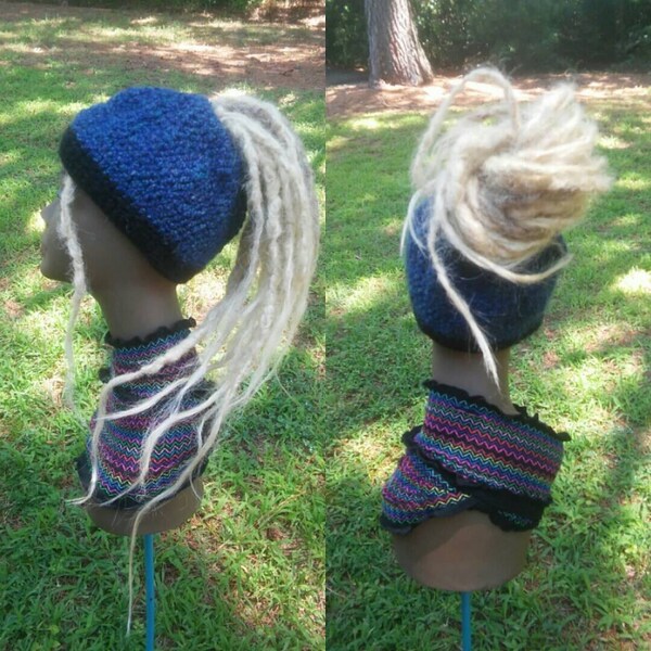 Blue messy bun platinum blonde dreadlock wig hat / messy bun beanie crochet blonde dreads / chemo messy bun blonde platinum hair hat wig