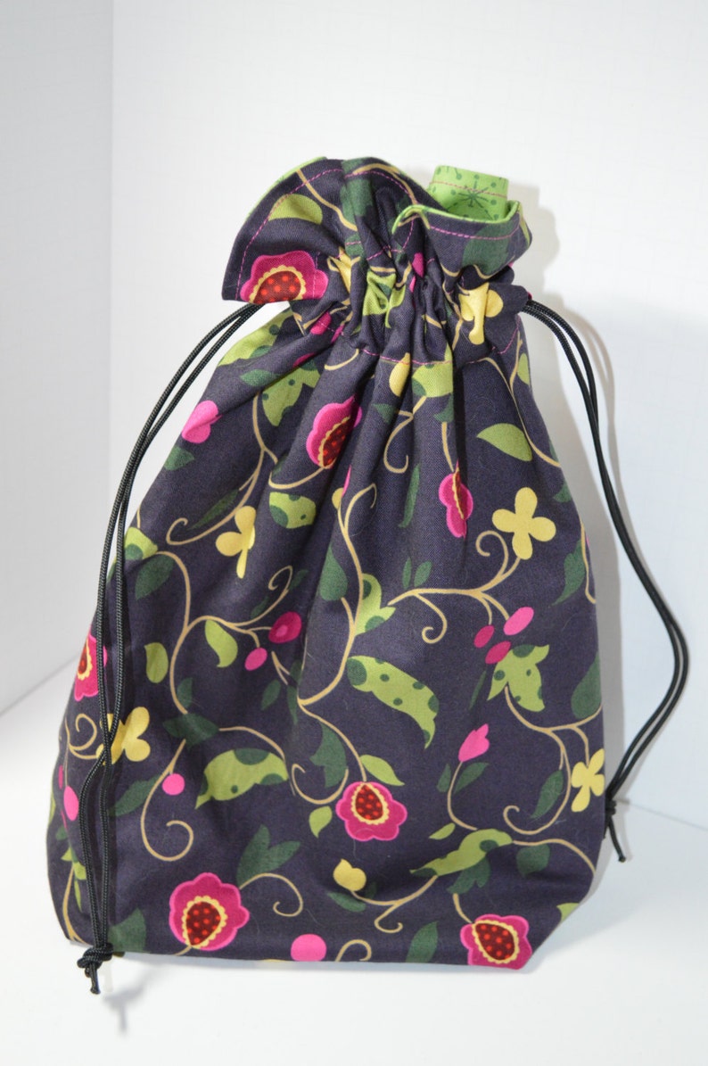 Floral Reversible KnittingCrochetCraft Drawstring Project Bag