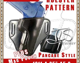 1911 Commander Leather Gun Holster PATTERN 2-slot Style PLUS 45 Mag Pouch