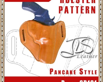 May include: A tan leather pancake-style holster with a blue handgun inside. The image includes the text "HOLSTER PATTERN", "Pancake Style", and "Ruger SP101". The holster has stitched edges and belt loops.