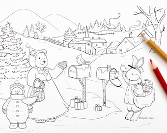 Christmas Coloring Page, Winter Coloring Page, Woodland Christmas Coloring Sheet, Mailman Thank You, Mail Carrier Thank You