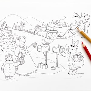 Pagina da colorare di Natale, Pagina da colorare invernale, Pagina da colorare di Natale nel bosco, Grazie postino, Grazie postino