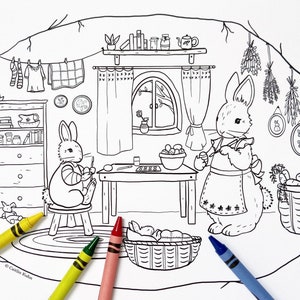 Whimsical coloring sheet featuring two rabbits decorating eggs. Detailed illustrated Easter coloring page, each bunny is painting an egg.