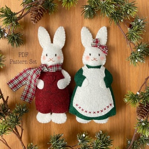 Felt rabbit Christmas ornaments. Felt ornament sewing pattern. PDF felt ornament pattern. Christmas sewing pattern. Christmas sewing project. Felt bunny ornaments. Cute felt ornaments.