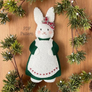 Patrón de adorno de fieltro de conejo de cola de algodón, patrón de adorno navideño de fieltro, patrón de conejo de fieltro, patrón navideño DIY, manualidades navideñas