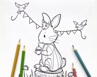 Bunny Birthday Coloring Sheet, Woodland Birthday Printable, Woodland Coloring Page, Bunny Rabbit Coloring Page, Goodnight Moon Birthday