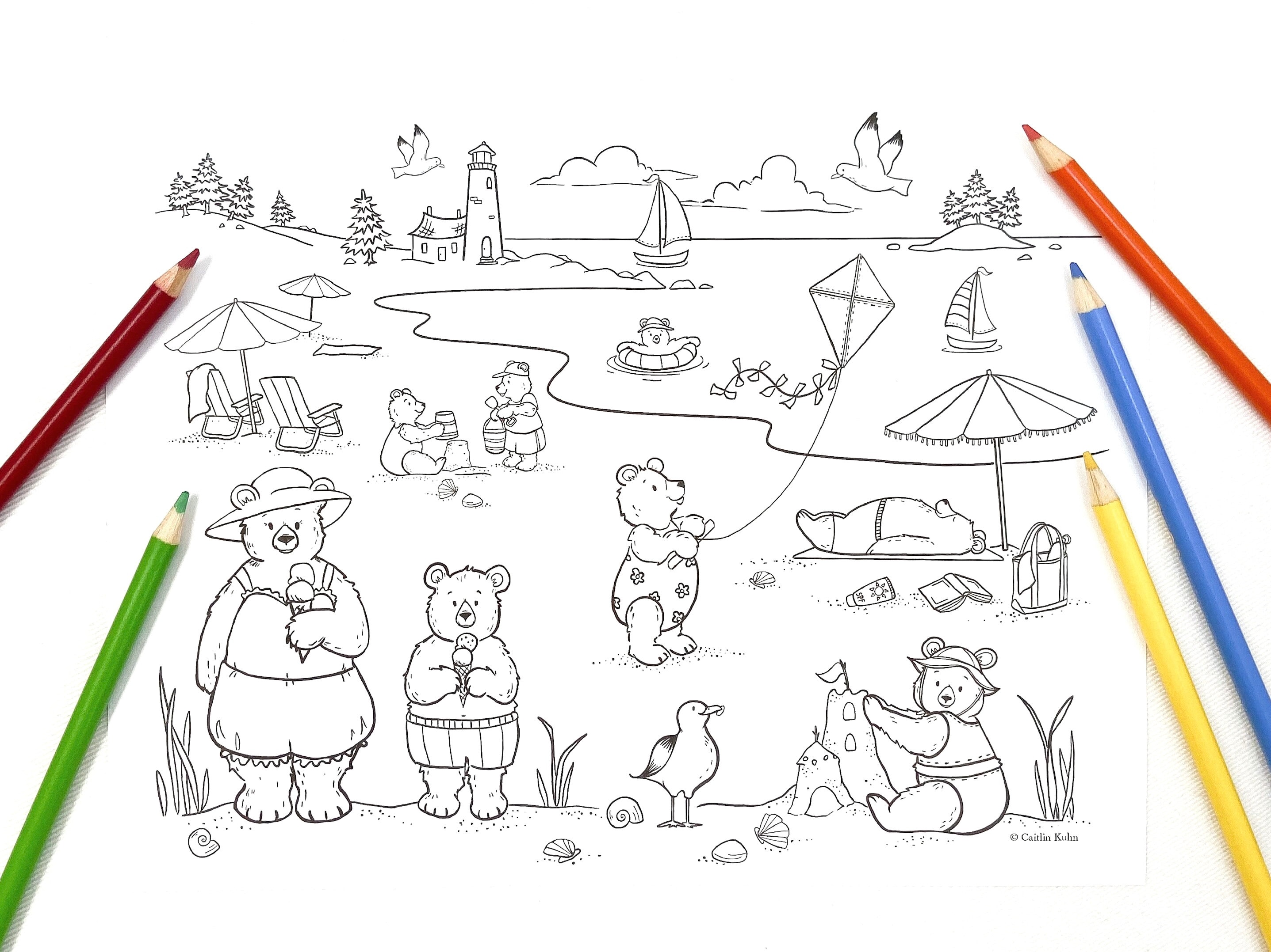 Beach Bears Coloring Page, Beach Coloring Sheet, Summer Crafts, Ocean