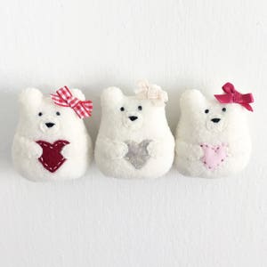 Three small felt bear ornaments in a row. Valentine felt ornament pattern. Christmas felt ornament pattern. Whimsical bear ornaments. Easy Christmas sewing pattern.