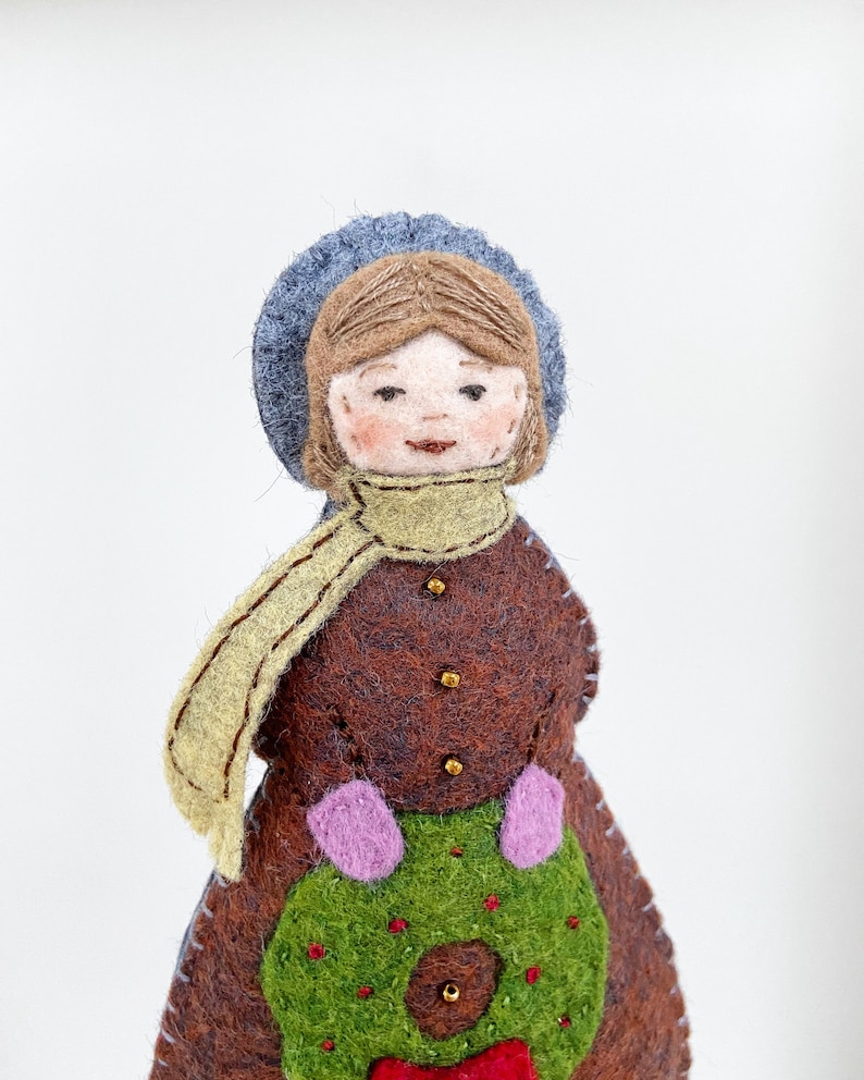 Little women felt ornament. Felt christmas ornament. Felt doll christmas ornament. Felt doll ornament. A doll ornament of Meg March made out of wool felt.