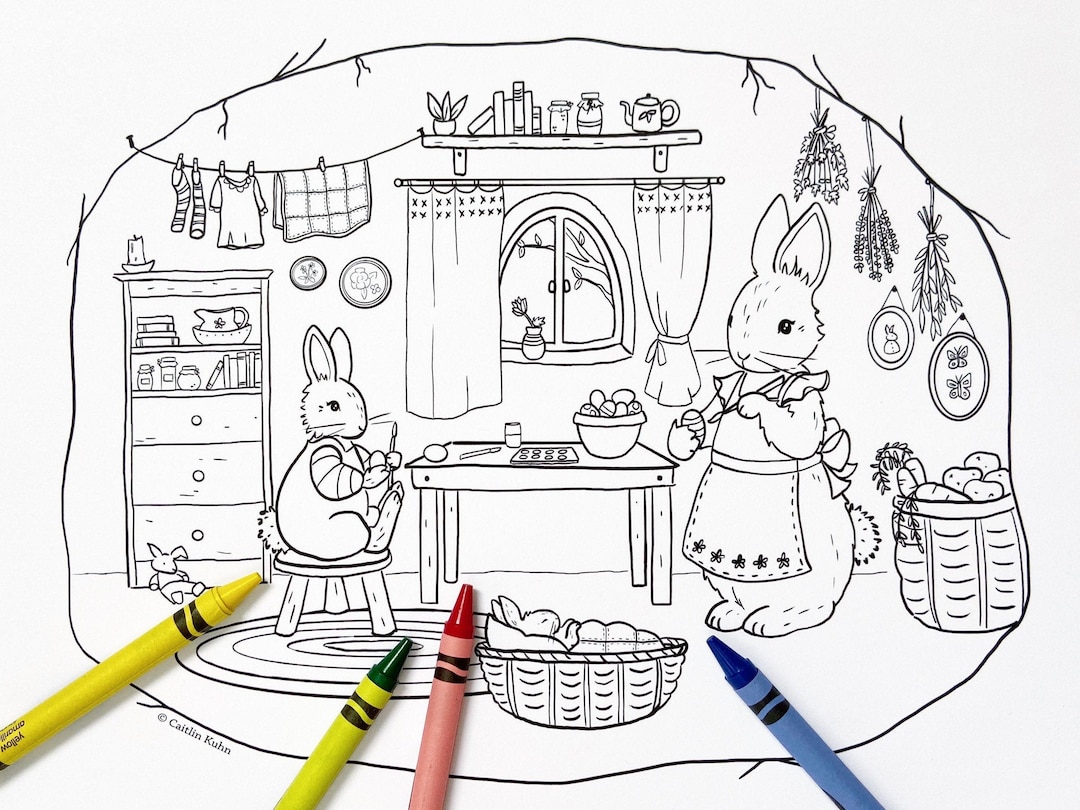 Spring Season Coloring Pages Rabbit Easter Bunny Coloring Page: Spring Rabbit Scene (PDF) - Etsy