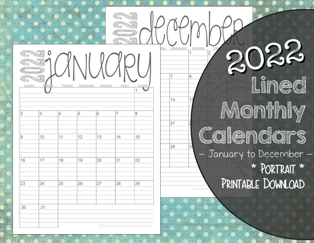 2022 lined monthly calendars portrait 85x11 jan dec etsy